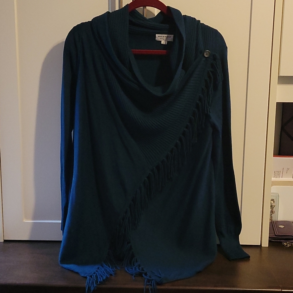 Repeat Teal Fringe wrap cardigan